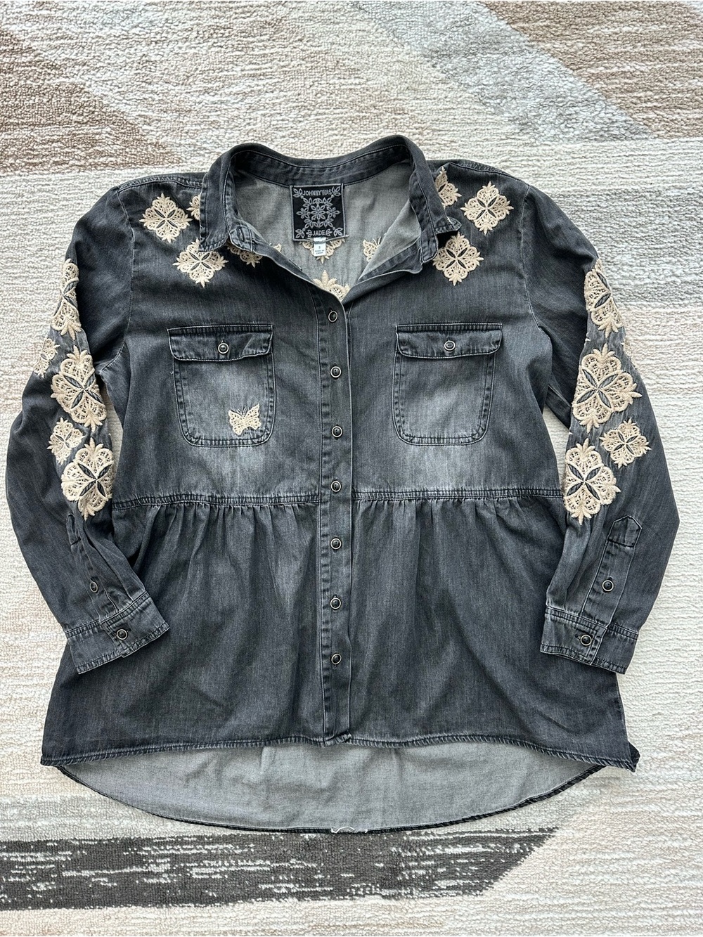 Johnny Was Jade Biya Charcoal Denim Button Down Shirt with Embroidery Size S